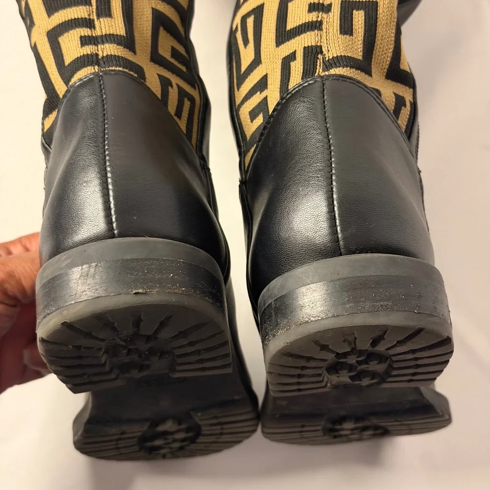 Guess Over The Knee Boots Womens Black Tan Monogram Knit Pull on/Zip